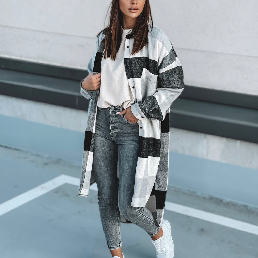 Damen Karierte Hemdblusenshirt mit längerem Schnitt Fudus