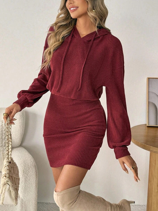 Damen Hoodie Kleid mit Rippstruktur und weitem Schnitt Fudus