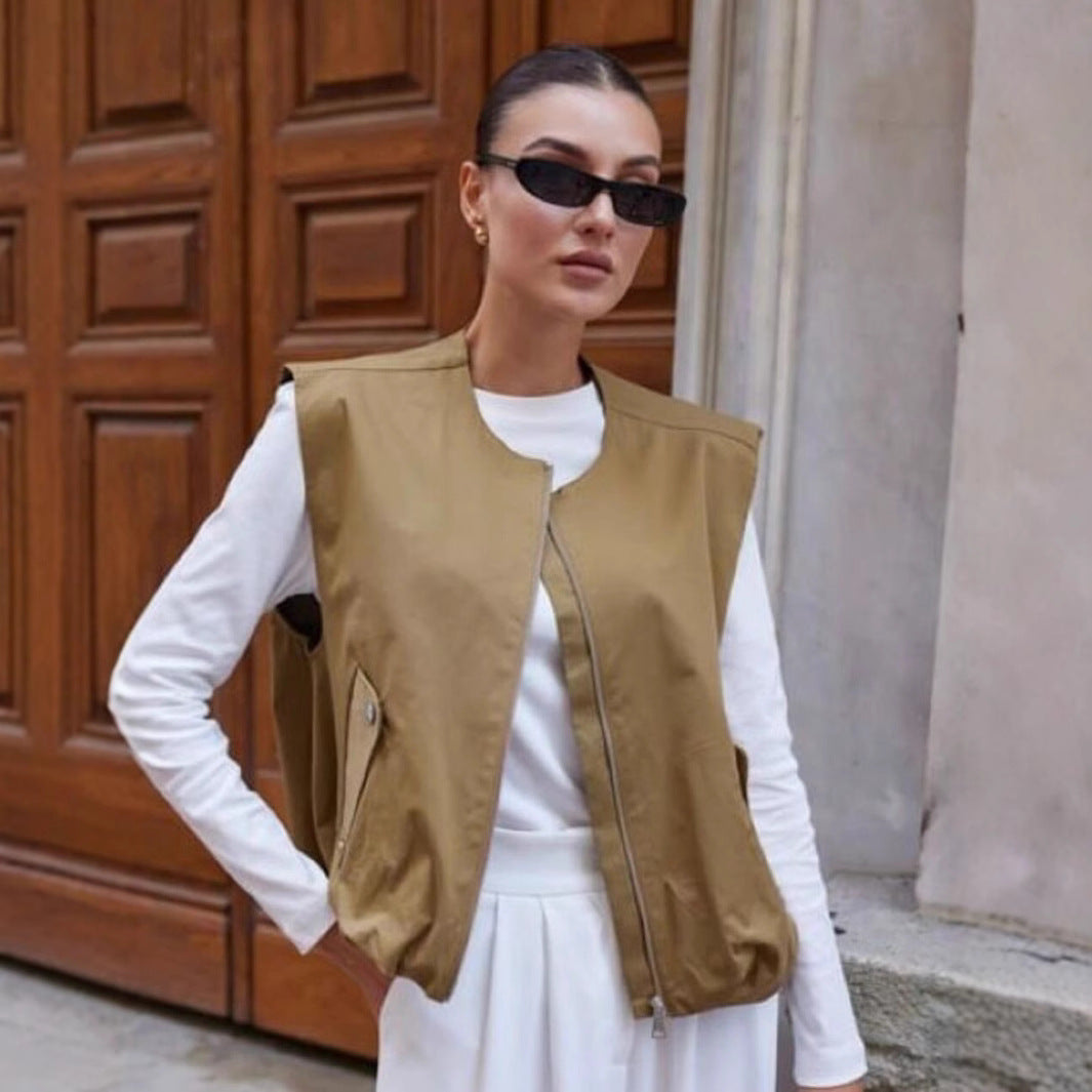 Damen lässige Jacke mit elastischem Saum und praktischen Taschen Fudus