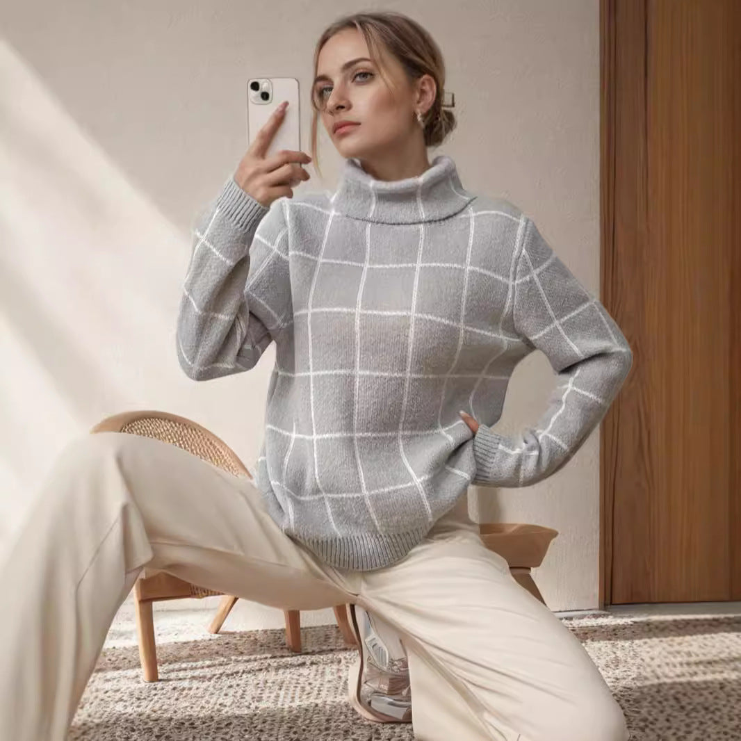 Damen Grobstrickpullover mit modernem Karomuster und hohem Kragen Fudus