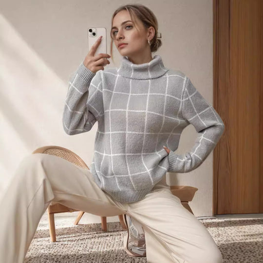 Damen Grobstrickpullover mit modernem Karomuster und hohem Kragen Fudus
