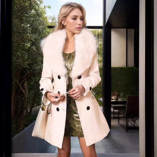 Damen modischer Mantel mit abnehmbarem Kunstfellkragen und eleganter Taillierung Fudus