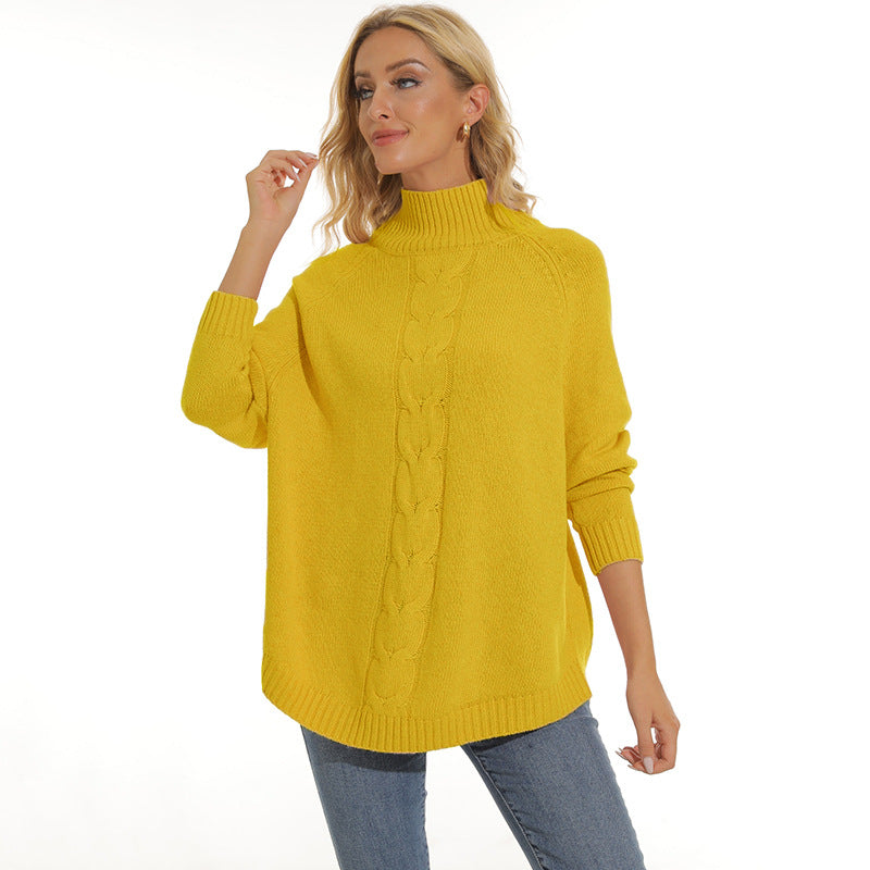 Damen Grobstrickpullover mit hohem Kragen und modernem Zopfmuster Fudus