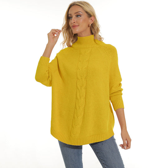 Damen Grobstrickpullover mit hohem Kragen und modernem Zopfmuster Fudus