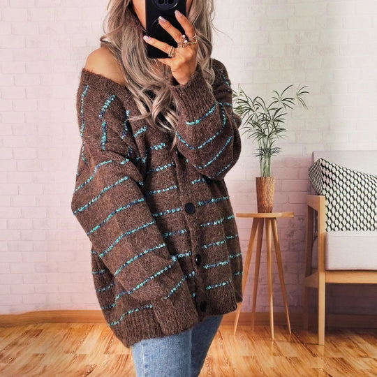 Damen Grobstrickjacke mit modischen Kontraststreifen und eleganten Knopfdetails Fudus