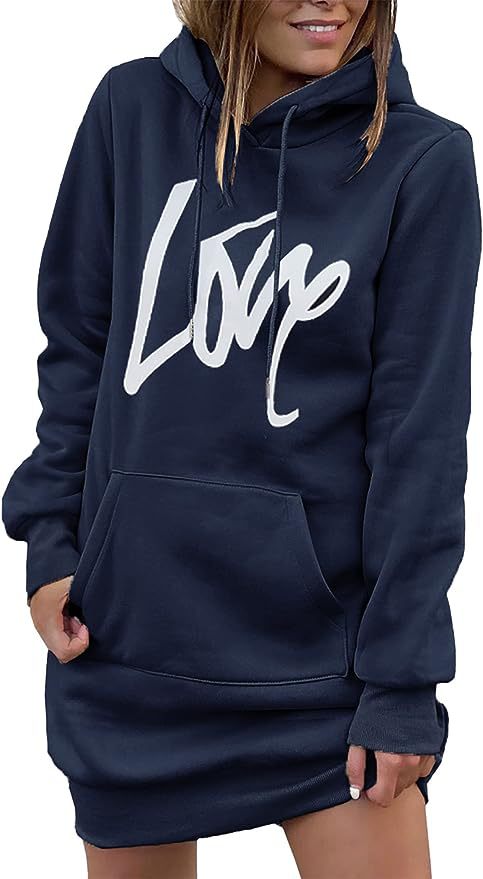 Damen Hoodie-Kleid mit Kängurutasche und auffälligem Schriftzug Fudus