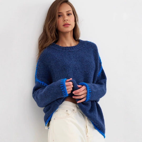 Damen kuscheliger Strickpullover mit kontrastierenden Akzentdetails Fudus