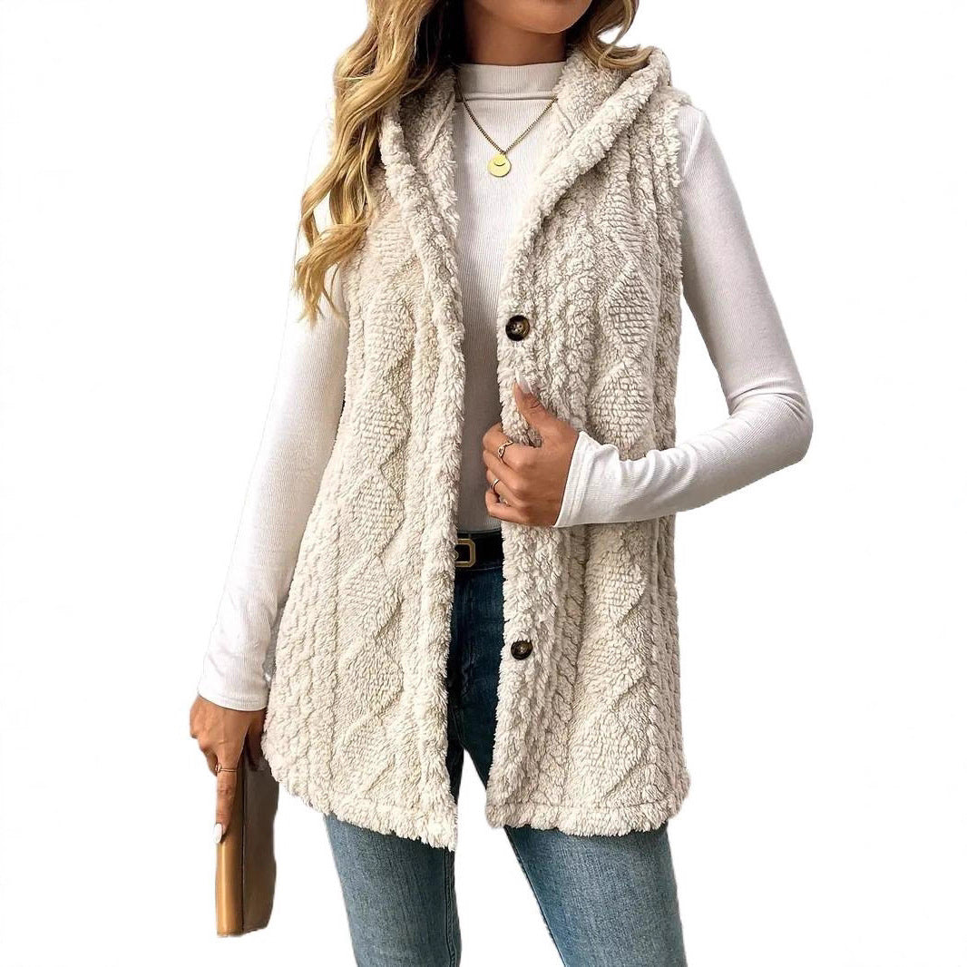 Damen kuschelige Strickweste mit Kapuze und Knopfverschluss Fudus