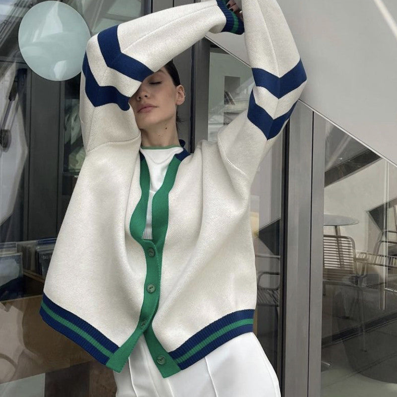 Damen Lässige Strickjacke mit Button-Down-Design und kontrastierenden Besätzen Fudus