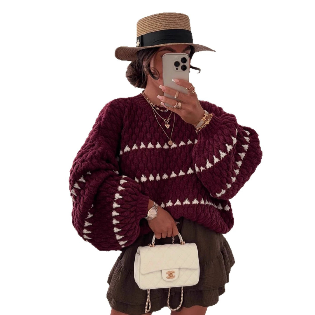 Damen Grobstrickpullover mit voluminösen Ärmeln und strukturiertem Muster Fudus