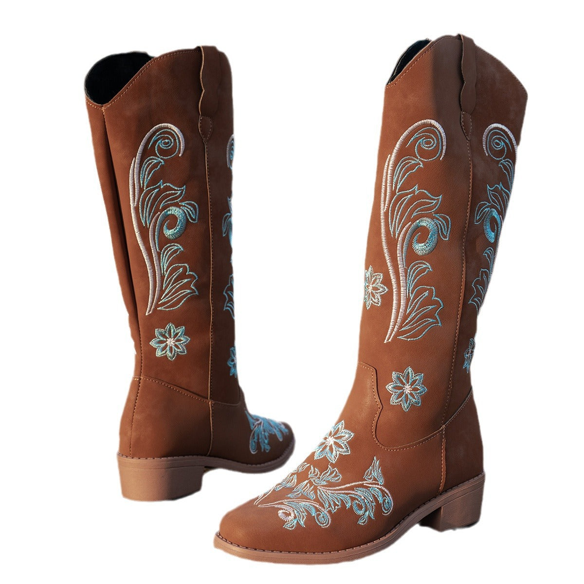 Damen Cowboy-Stiefel mit handgefertigten floralen Details und bequemem Blockabsatz Fudus