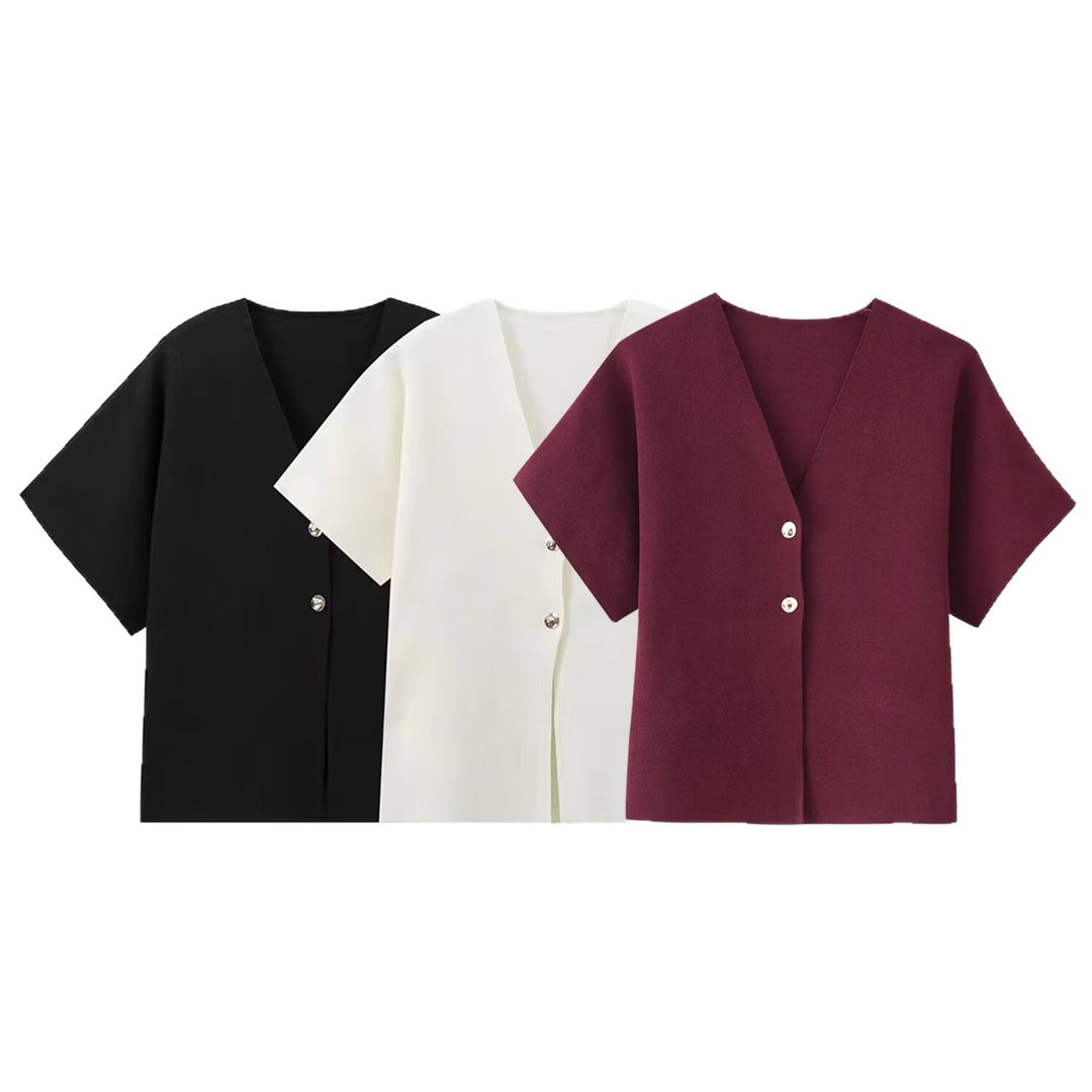 Damen Kurzarmjacke mit V-Ausschnitt und dekorativen Knöpfen Fudus