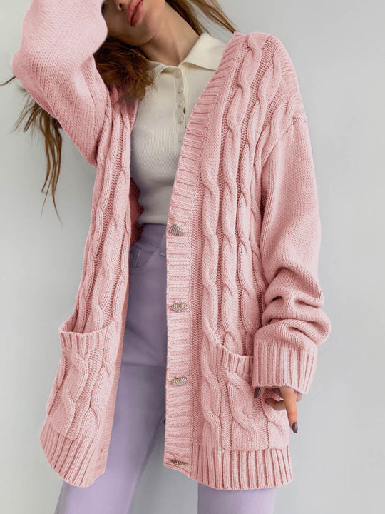 Damen Kuschelige Strickjacke mit Zopfmuster und herzförmigen Knöpfen Fudus