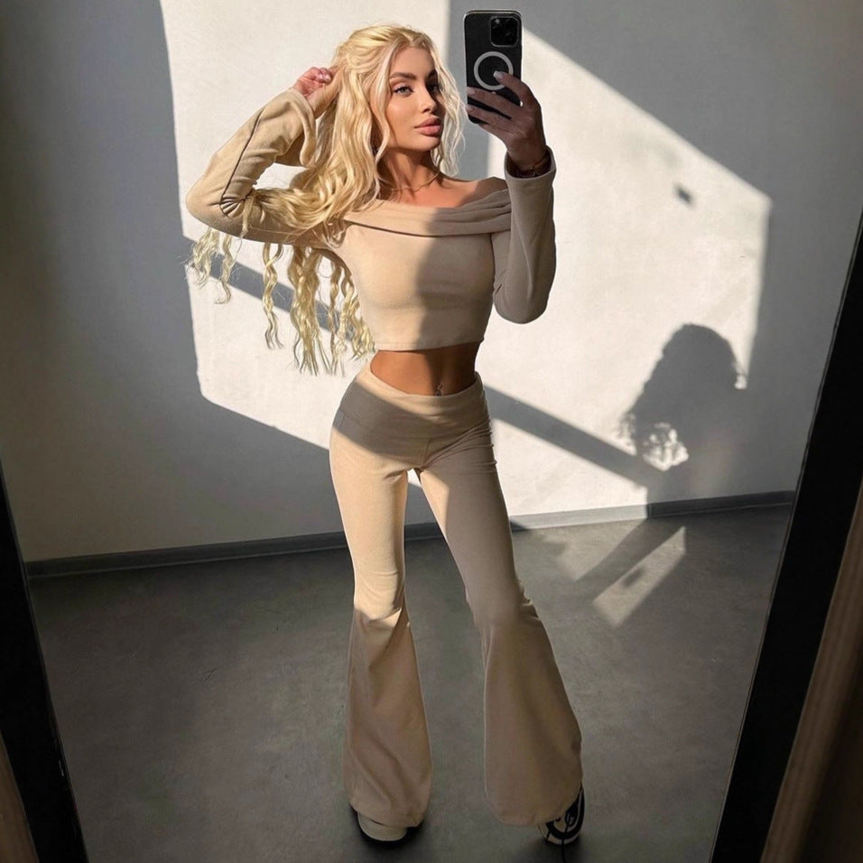 Damen eleganter Cropped-Top und weit ausgestellte Hosen Fudus