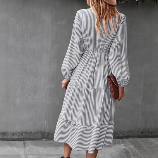 Damen Langärmeliges gestreiftes Kleid mit Knopfleiste Fudus