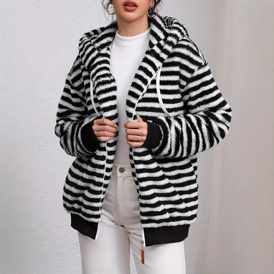 Damen kuschelige Fleecejacke mit gestreiftem Muster und praktischen Taschen Fudus
