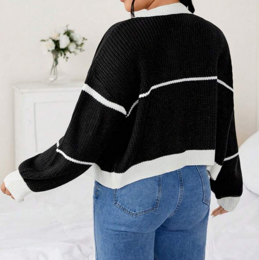 Damen Grobstrick Cardigan mit lässigem Schnitt und auffälligen Kontraststreifen Fudus