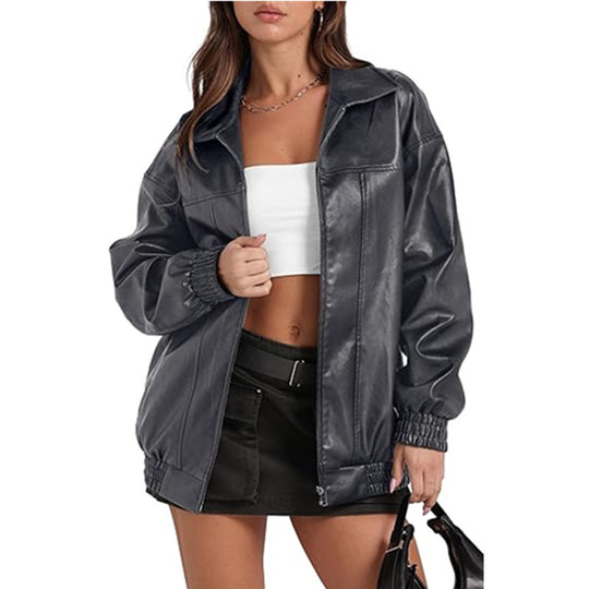 Damen lässige Oversized-Jacke mit elastischen Bündchen und durchgehendem Reißverschluss Fudus