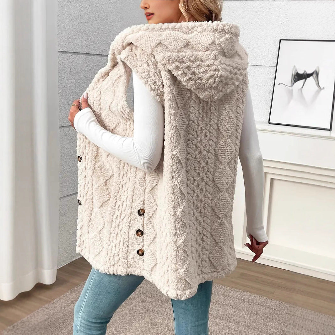 Damen kuschelige Strickweste mit Kapuze und Knopfverschluss Fudus