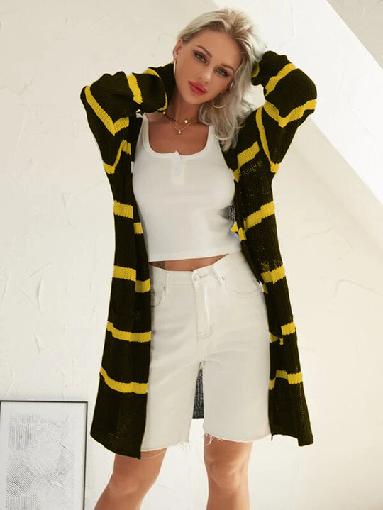 Damen Langer offener Strickcardigan mit einzigartigem Muster Fudus