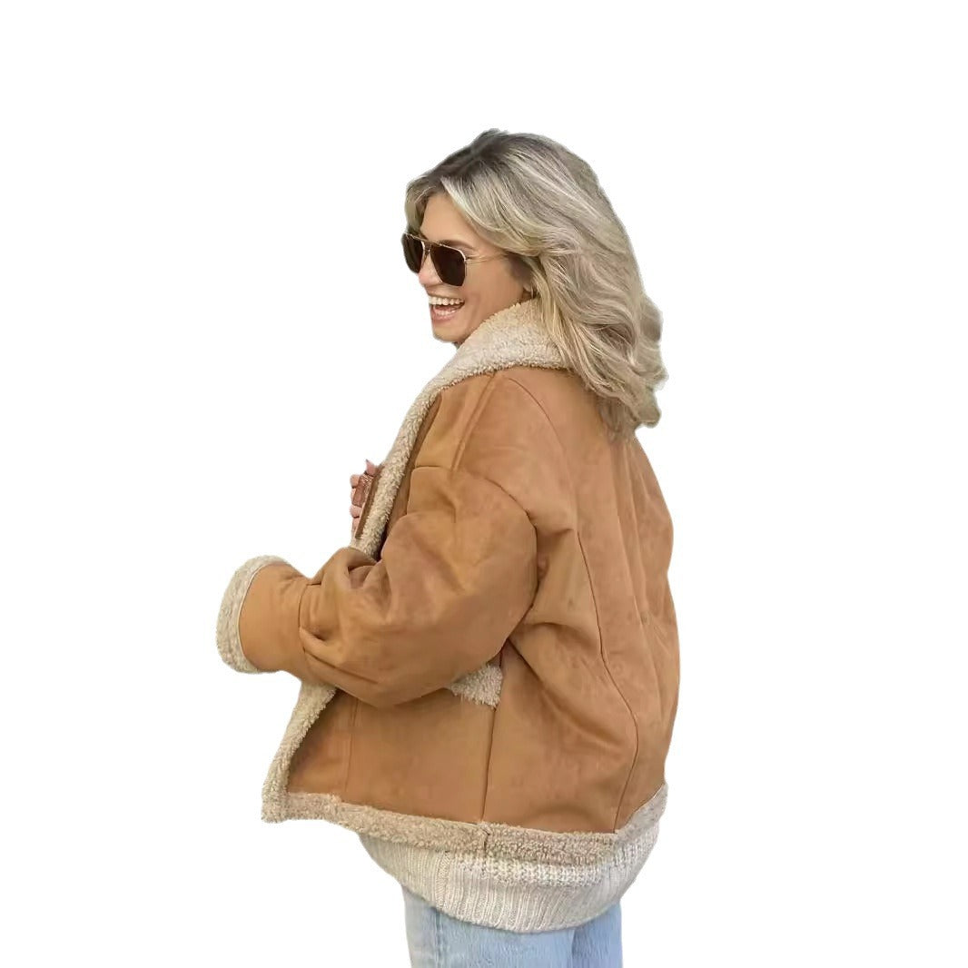 Damen kuschelige Oversized-Jacke mit Schaffellkragen und großen Taschen Fudus
