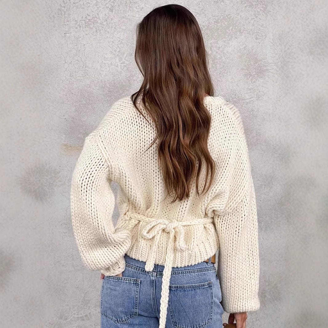 Damen kuscheliger Strickpullover mit modernem Wickeldesign Fudus