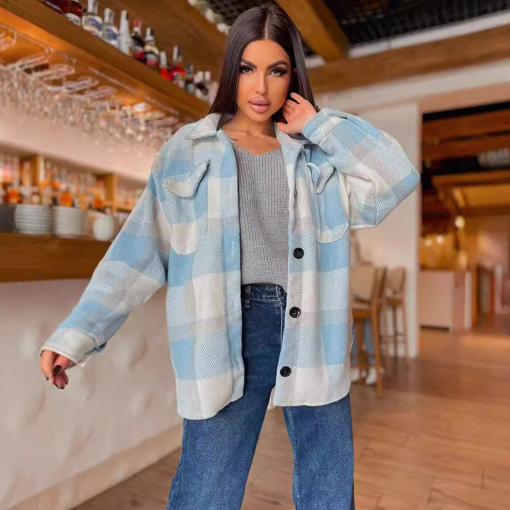 Damen Karierte overshirt mit weichem Fleece und Druckknopfverschluss Fudus