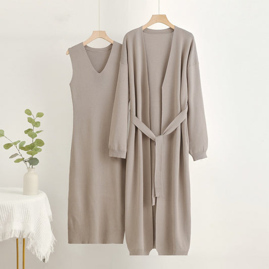 Damen 2-teiliges Kleid und Cardigan-Set mit V-Ausschnitt Fudus