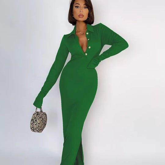 Damen langärmeliges Maxikleid mit tiefem V-Ausschnitt und eleganten Knöpfen Fudus