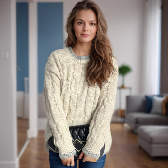 Damen Grobstrickpullover mit einzigartigem Zopfmuster und lässigem Schnitt Fudus