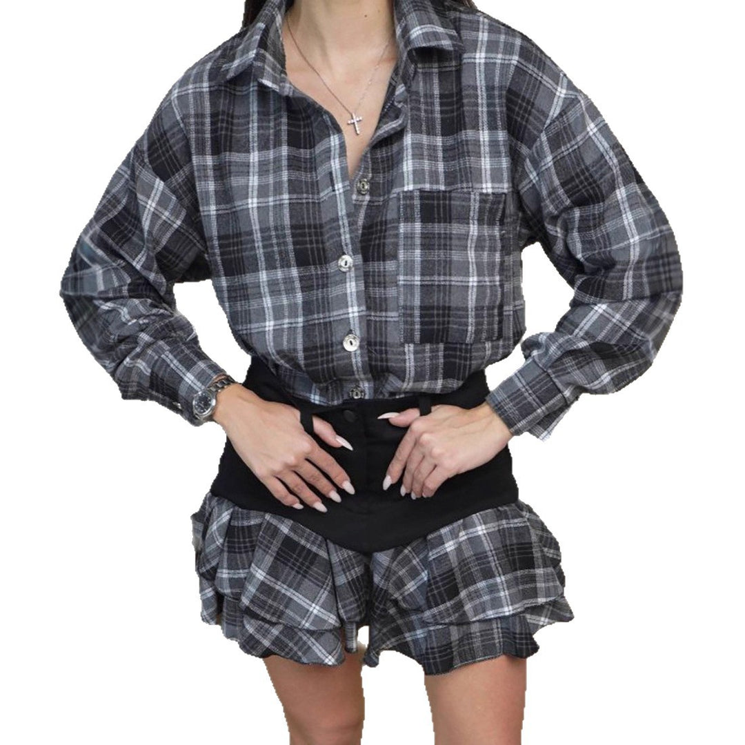 Damen lässige Karobluse mit voluminösen Rüschenshorts Fudus