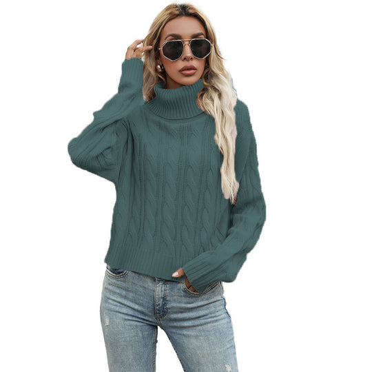 Damen Grobstrickpullover mit hohem Kragen und strukturiertem Zopfmuster Fudus