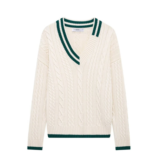 Damen klassischer V-Ausschnitt Strickpullover mit Zopfmuster und kontrastierendem Kragen Fudus