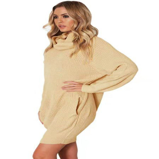 Damen Grobstrickpullover mit hohem Kragen und seitlichen Taschen Fudus