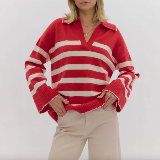 Damen kuschelige Strickpullover mit modernem Streifenmuster und V-Ausschnitt Fudus