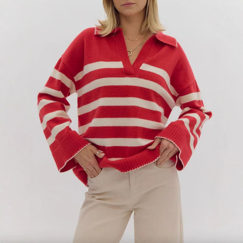 Damen kuschelige Strickpullover mit modernem Streifenmuster und V-Ausschnitt Fudus