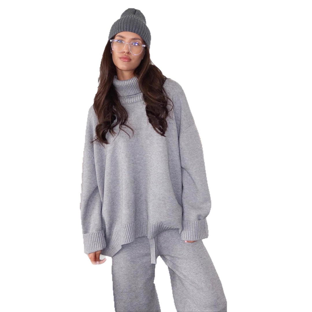 Damen komfortabler Strickanzug mit hohem Kragen und lockerer Passform Fudus