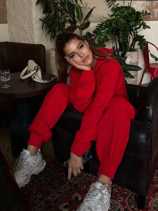 Damen kuscheliger Strickpullover und weite Hose Fudus