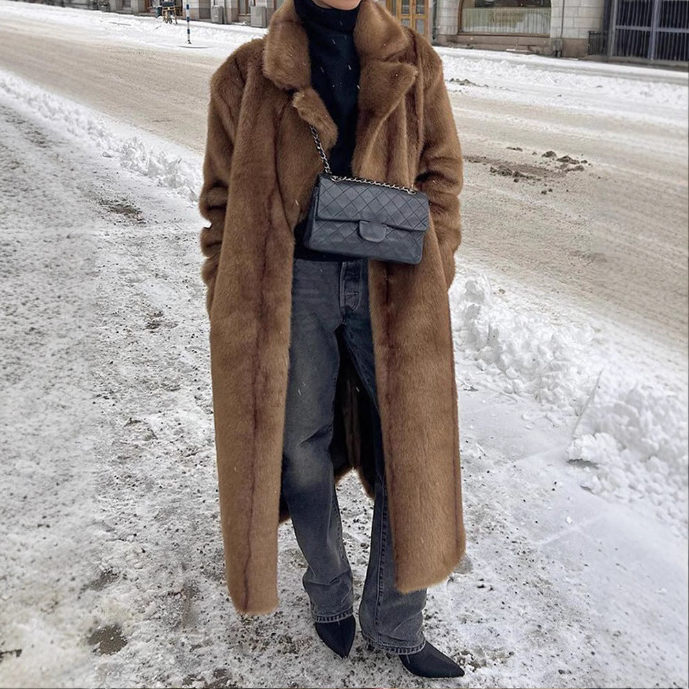 Damen Langer Kunstfellmantel mit breitem Revers und lässigem Schnitt Fudus