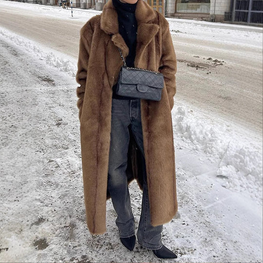 Damen Langer Kunstfellmantel mit breitem Revers und lässigem Schnitt Fudus