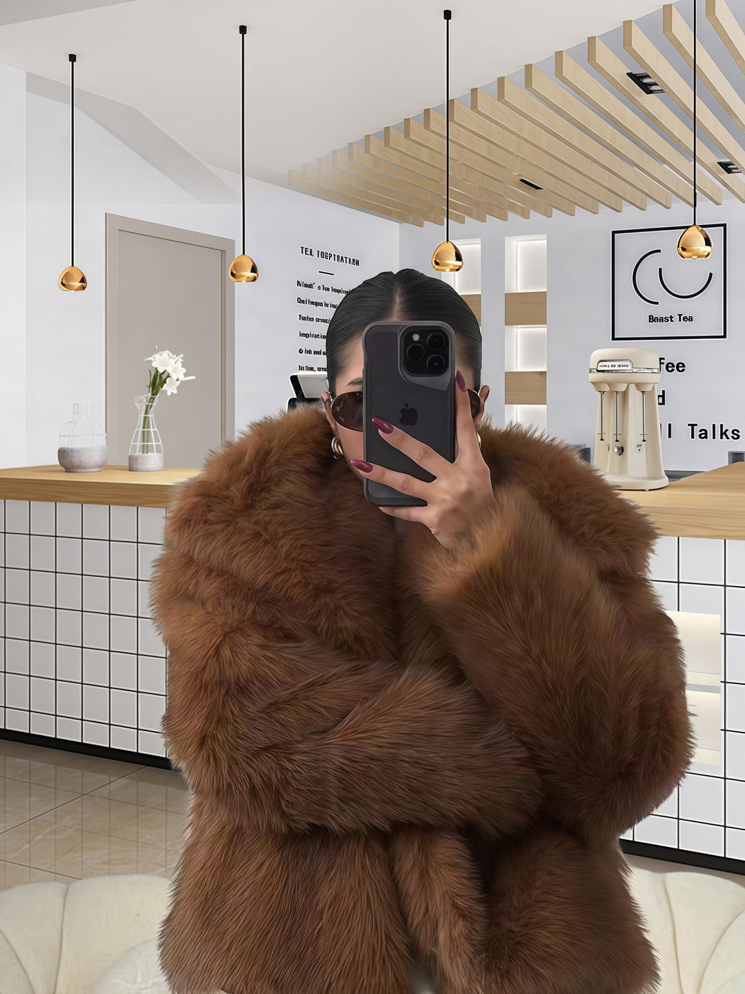 Damen Kunstfelljacke mit voluminösen Ärmeln und eleganter Verarbeitung Fudus