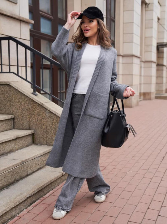 Damen Langstrickcardigan mit offenen Kanten und tiefen Taschen Fudus