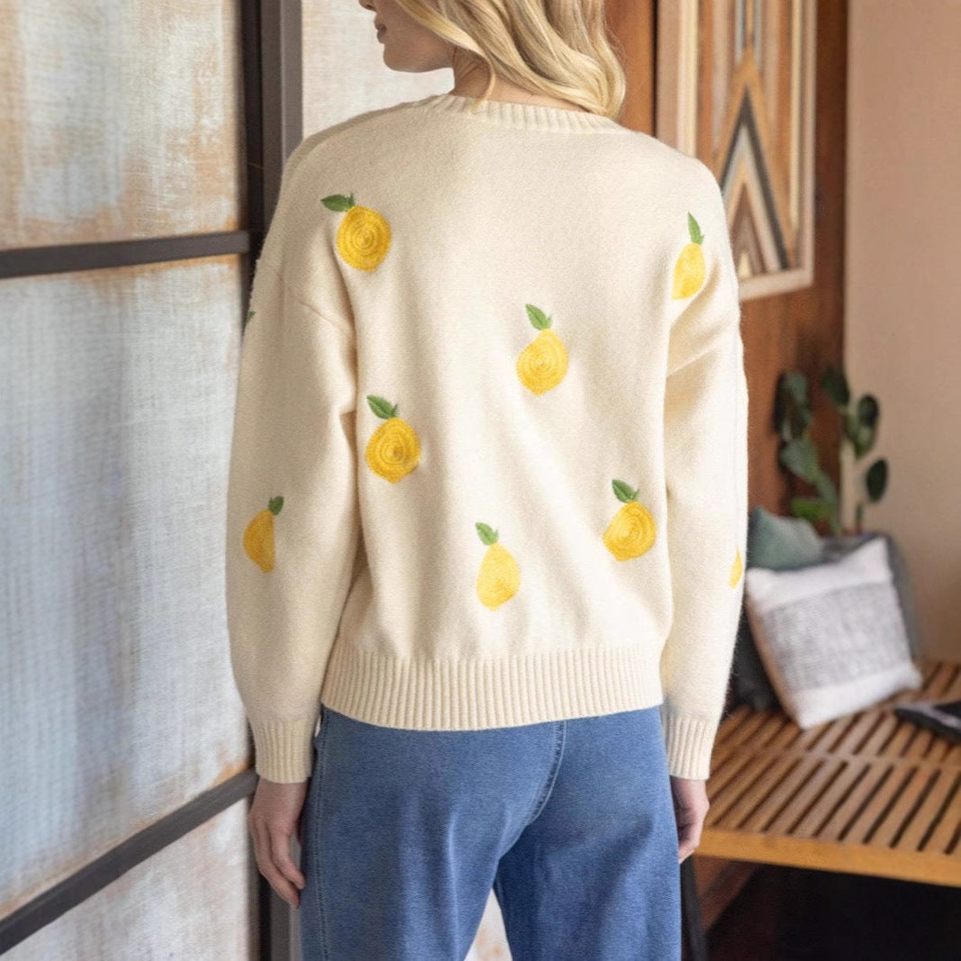 Damen kuscheliger Strickpullover mit Zitronenstickerei Fudus