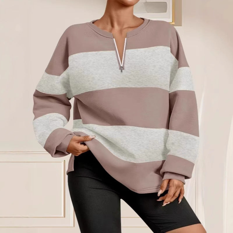 Damen Langarm Sweatshirt mit modernem Reißverschluss und gestreiftem Design Fudus