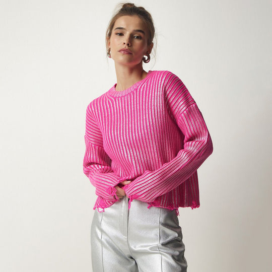 Damen modischer cropped Strickpullover mit einzigartigen Fransen Fudus