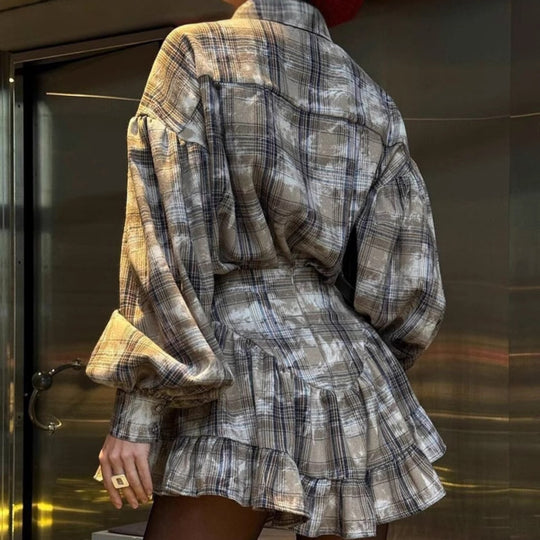 Damen Karierte Bluse und Rock Set Fudus