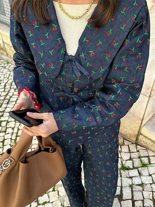 Damen lässige Blumenprint-Longpants mit elastischem Bund und seitlichen Taschen Fudus