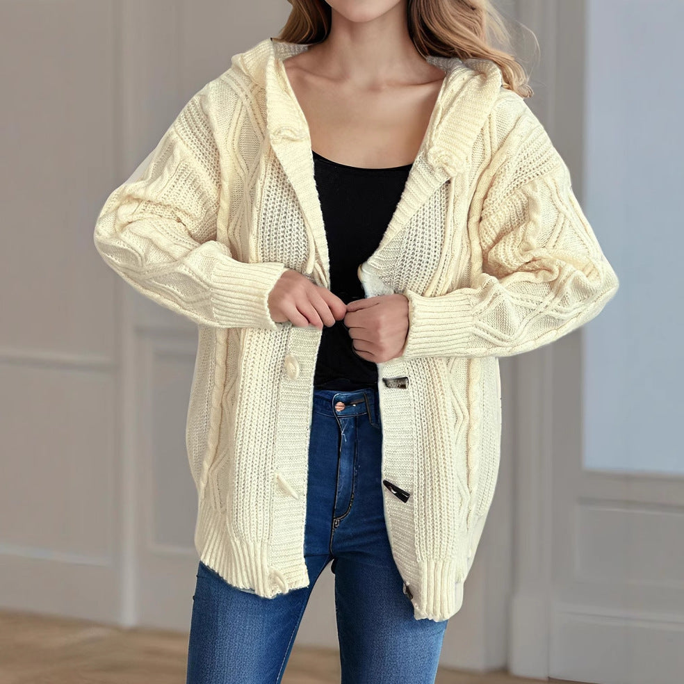 Damen Grobstrickjacke mit Kapuze und Zopfmuster Fudus