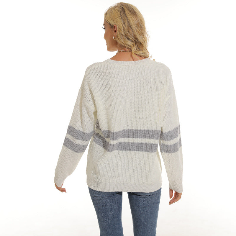 Damen Grobstrickpullover mit sportlichem Streifenmuster und lockerer Passform Fudus