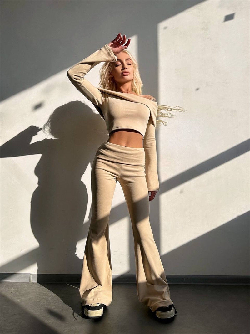 Damen eleganter Cropped-Top und weit ausgestellte Hosen Fudus